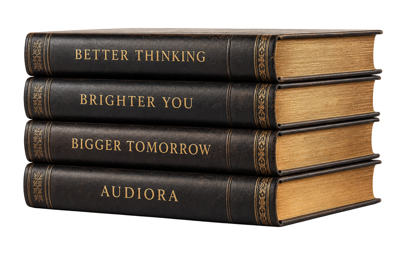 A decorative stack of dark AudiPod books with gold page edges
