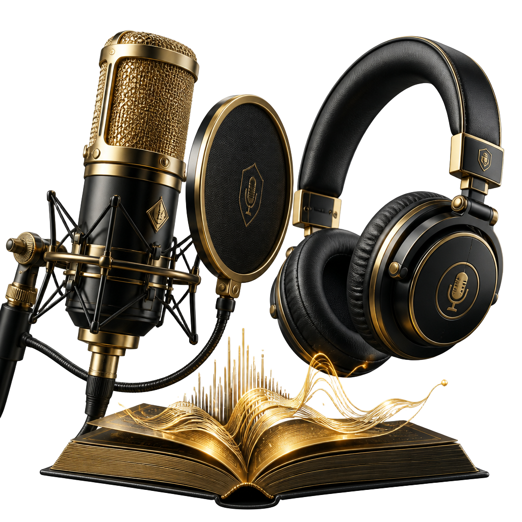 3D render of a gold studio microphone, headphones and an open book with golden sound waves